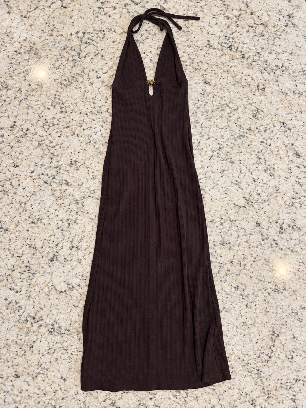 H&M Brown Ribbed Halter Maxi Dress with Gold Accent